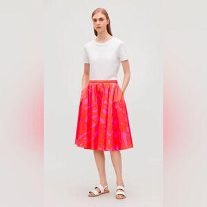 COS Voluminous Printed Midi Maxi Skirt Size 2 Cotton A-line Pockets Orange Red